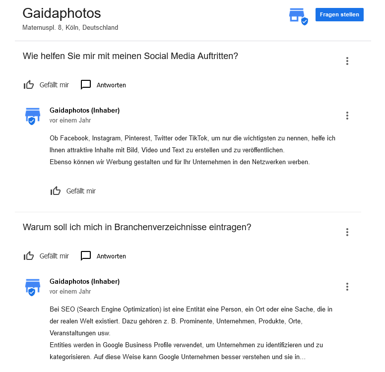 Google Business FAQ Frage stellen